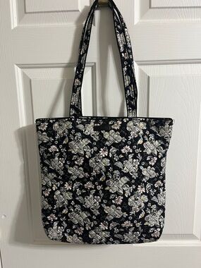 Vera Bradley Black Floral Quilted Tote with Cream and Pink Accents